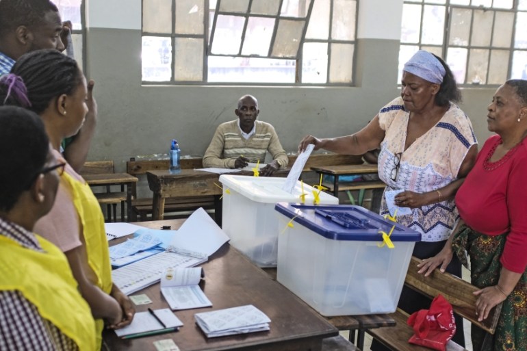 Two women cast their votes at a polling station in Maputo, Mozambique, 15 October 2019. 12.9 million Mozambican voters will choose the President of the Republic, ten provincial assemblies and their go