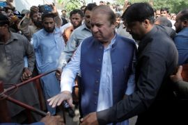 Former PM Sharif arrives to the district High Court ahead of a hearing on treason allegations, in Lahore