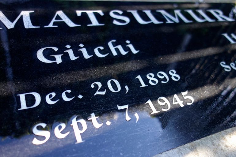 This photo taken Oct. 22, 2019 shows a gravestone in Woodlawn Cemetery in Santa Monica, California, that marks the death of Giichi Matsumura, who died in the Sierra Nevada on a fishing trip while he w