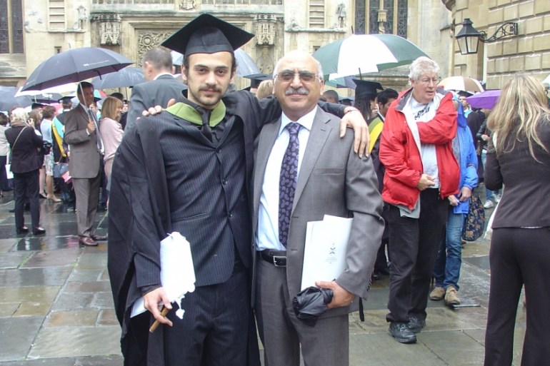 Aryan Ashoori poses for a picture with his father Anoosheh Ashoori, after graduating with a BEng (Hons) in Civil Engineering; 2012, the University of Bath, UK (photo: by Aryan''s sister, Elika Ashoori)