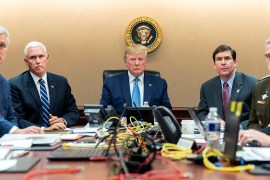 In this image released by the White House, President Donald Trump is joined by Vice President Mike Pence, second from left, national security adviser Robert O’Brien, left; Secretary of Defense Mark Es