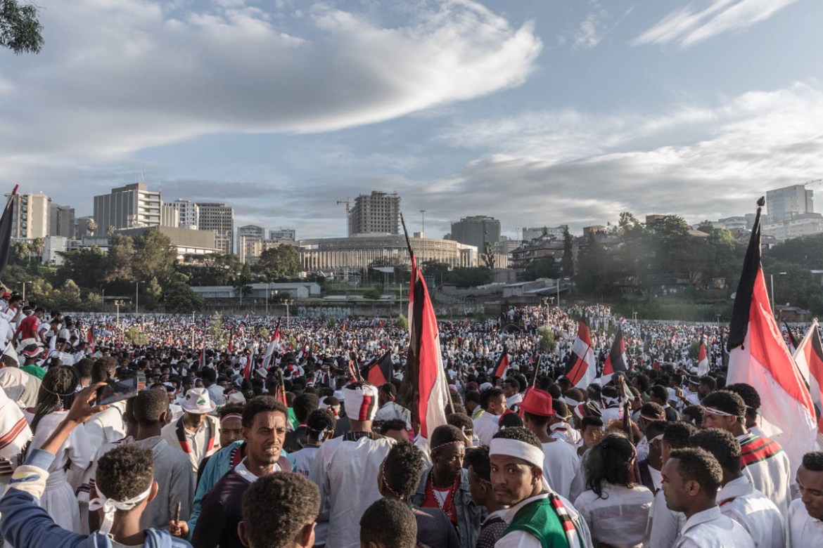 People from the community of Oromo from different parts of Ethiopia gather at Meskel square in Addis Ababa, on October 5, 2019 on the eve of Irreecha, their thanksgiving festival that they will celebr