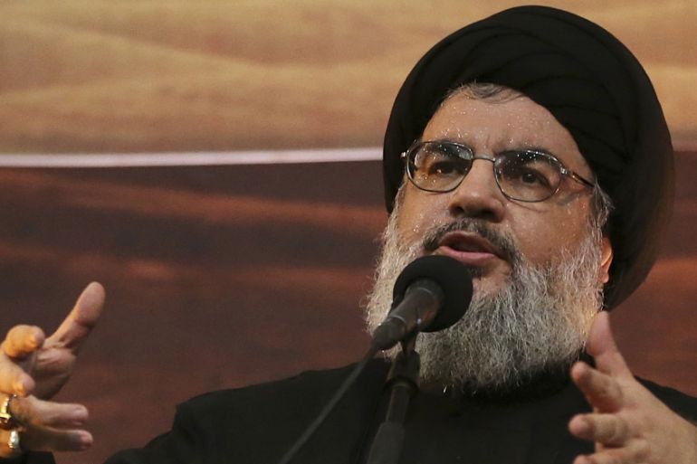 In this Nov. 3, 2014 file photo, Hezbollah leader Sheik Hassan Nasrallah addresses supporters ahead of the Shiite Ashura commemorations, in the southern suburb of Beirut, Lebanon. The leader of Hezbol