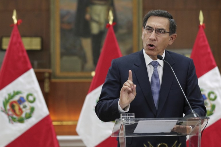 Peru''s President Martin Vizcarra delivers a national message at Government Palace, after an emergency cabinet meeting in Lima, Peru, Friday, Sept. 27, 2019. Congress on Thursday shelved Vizcarra''s p