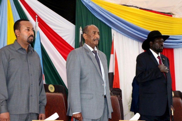 Ethiopian PM Ahmed, Leader of Sudan''s transitional council, Lieutenant General Abdel Fattah Al-Abdelrahman Burhan and South Sudan''s President Salva Kiir arrive for a meeting in Juba