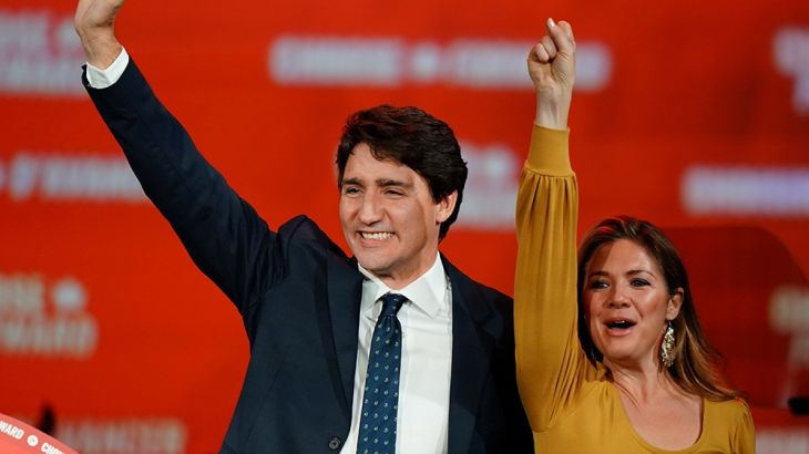 Liberal leader and Canadian Prime Minister Justin Trudeau and his wife Sophie Gregoire Trudeau wave to supporters after the federal election at the Palais des Congres in Montreal, Quebec, Canada Octob