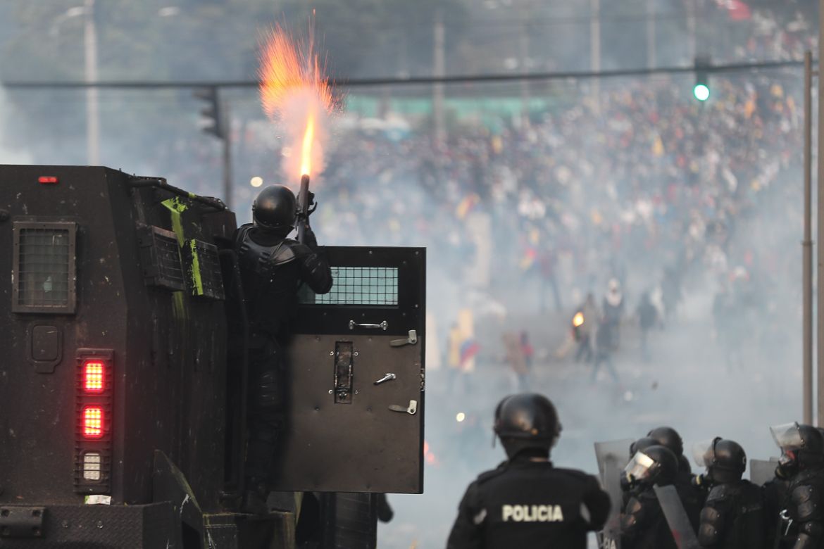 Police clash with demonstrators in a new day of protests in Quito, Ecuador, 11 October 2019. Thousands of indigenous people and protesters approached the headquarters of the Ecuadorian National Assemb