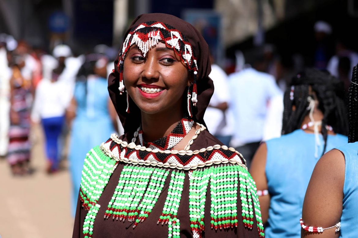An Ethiopian Oromo woman dressed in a traditional costume takes part in the Irreecha celebration, the Oromo People thanksgiving ceremony in Addis Ababa, Ethiopia. October 5, 2019.REUTERS/Tiksa Negeri
