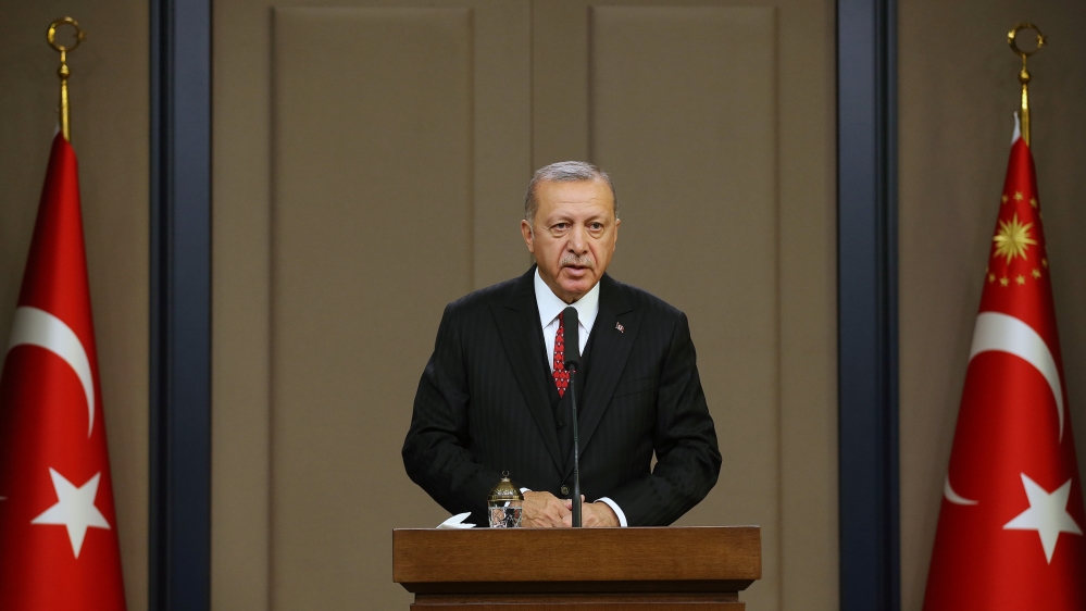 Turkish President Tayyip Erdogan speaks at Esenboga Airport in Ankara, Turkey, October 7, 2019