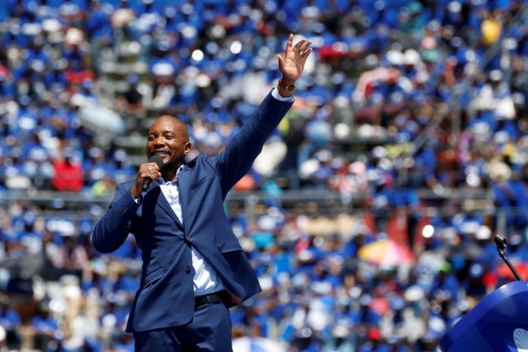Leader of South African opposition party, the Democratic Alliance (DA) Mmusi Maimane speaks during the party''s election manifesto launch in Johannesburg