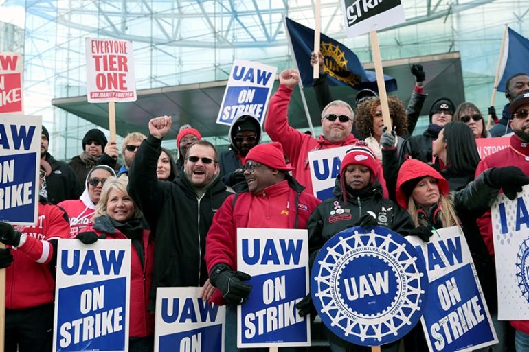 Striking United Auto Workers (UAW) members rally in front of General Motors World headquarters in Detroit, Michigan, U.S., October 17, 2019