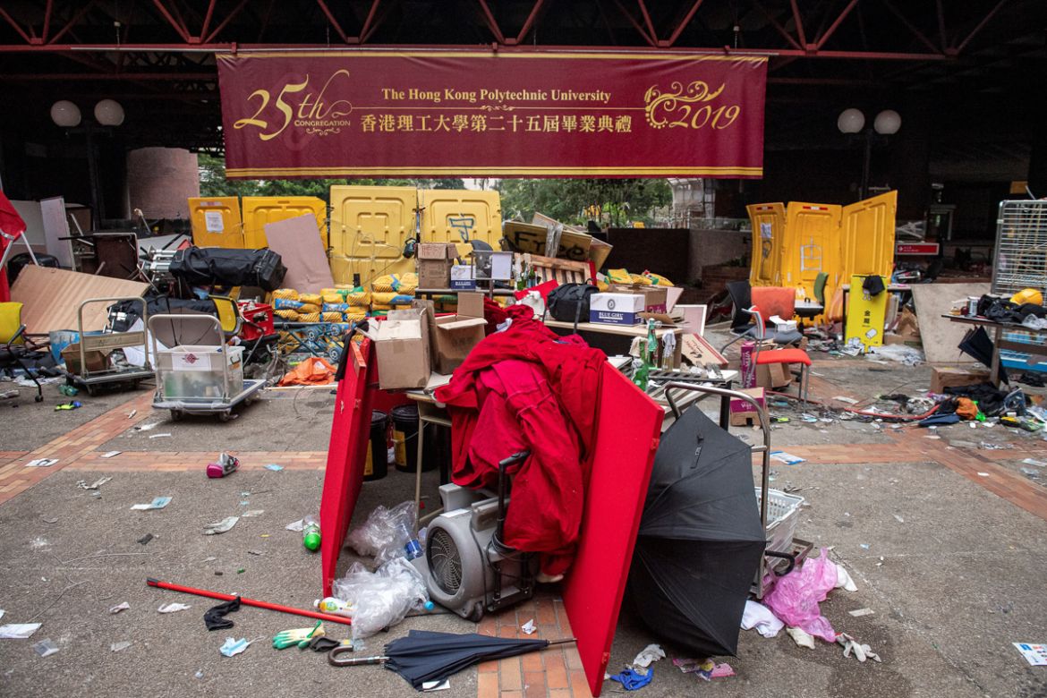 This general view shows debris inside the Hong Kong Polytechnic University campus where protesters have barricaded themselves, in the Hung Hom district in Hong Kong on November 19, 2019. - A dwindling