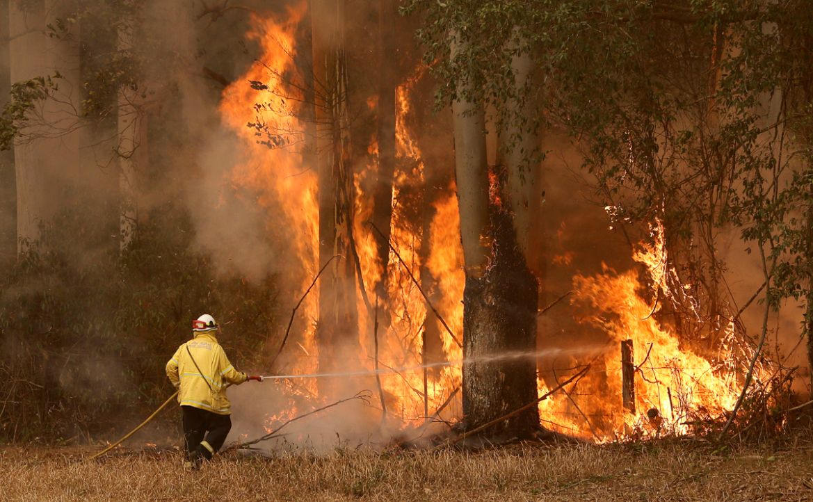 A Tuncurry fire crew member fights part of the Hillville bushfire south of Taree, in the Mid North Coast region of NSW, Australia, November 12, 2019. AAP Image/Darren Pateman/via REUTERS