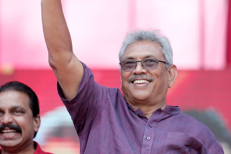 Sri Lanka People''s Front party presidential election candidate and former wartime defence chief Gotabaya Rajapaksa waves to his supporters during an election campaign rally in Bandaragama, Sri Lanka N