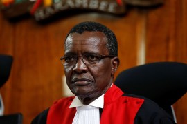 Kenya''s Supreme Cour judge chief justice David Maraga presides before delivering a ruling on cases that seek to nullify the re-election of President Uhuru Kenyatta last month in Kenya''s Supreme Ct.