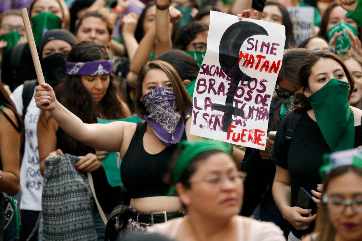 Women march to protest violence against women in Mexico City, Monday, Nov. 25, 2019, on International Day for the Elimination of Violence against Women. According to the federal government there were