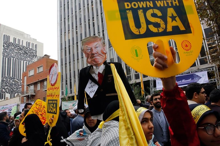 Iranians take part in an anti-US demonstration marking the 40th anniversary of US Embassy takeover, in front of the former US embassy in Tehran, Iran, 04 November 2019. According to media reports, tho