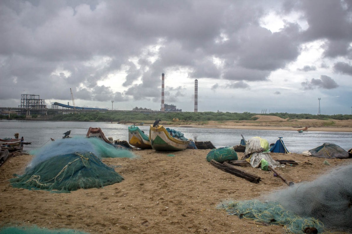 The river mouth, where Ennore creek meets the sea is clogged from the dumping of fly ash from the coal plant. Flushing hot water is released into this river, altering the natural temperature of the wa