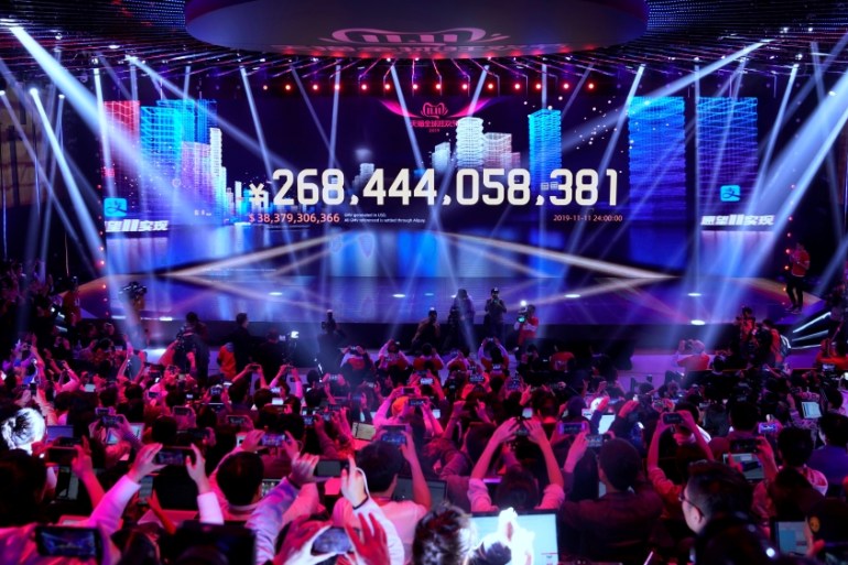Screen shows the value of goods being transacted during Alibaba Group''s Singles'' Day global shopping festival at the company''s headquarters in Hangzhou