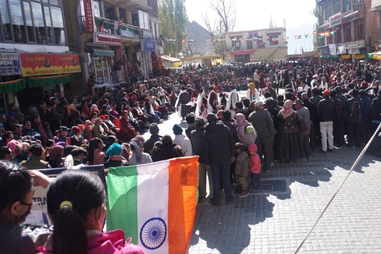 People celebrating the formation of Union Territory of Ladakh on October 31 in main market Leh, when the Indian government’s decision was officially implemented in Jammu and Kashmir.