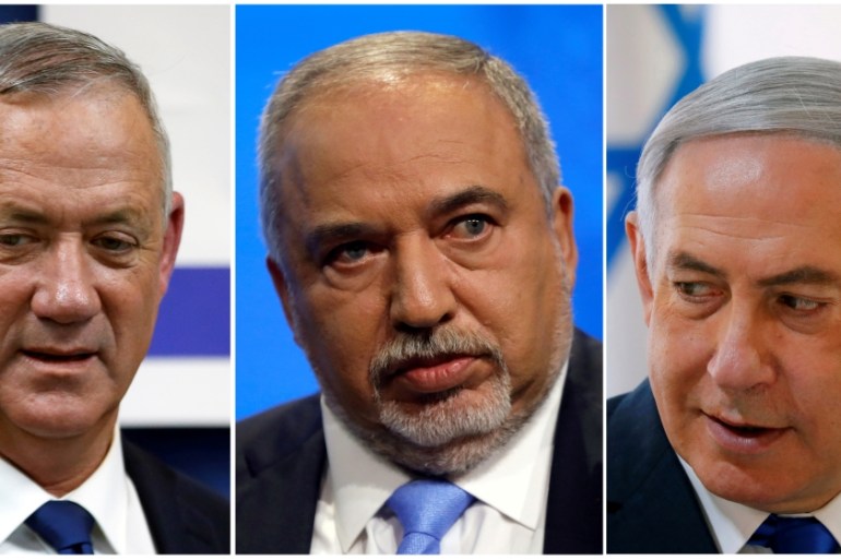 A combination picture shows Blue and White party leader Benny Gantz, Yisrael Beitenu party leader Avigdor Lieberman and Israeli Prime Minister Benjamin Netanyahu