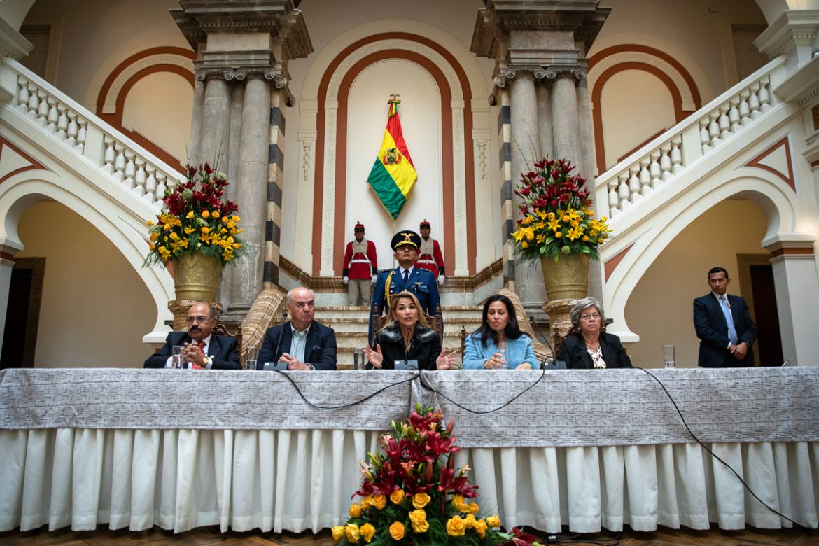 Self-proclaimed interim president Jeanine A´n~ez along her ministers, addresses the international media during and event in the Palace of Government. La Paz, Bolivia. Nov. 15, 2019 © Erika Pin~eros