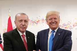 Turkey''s President Recep Tayyip Erdogan, left, and U.S President Donald Trump, right, shake hands during a meeting on the sidelines of the G-20 summit in Osaka, Japan, Saturday, June 29, 2019. (Presid