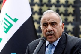 Iraqi Prime Minister Adel Abdul Mahdi speaks during a symbolic funeral ceremony of Major General Ali al-Lami, who commands the Iraqi Federal Police''s Fourth Division, who was killed in Salahuddin