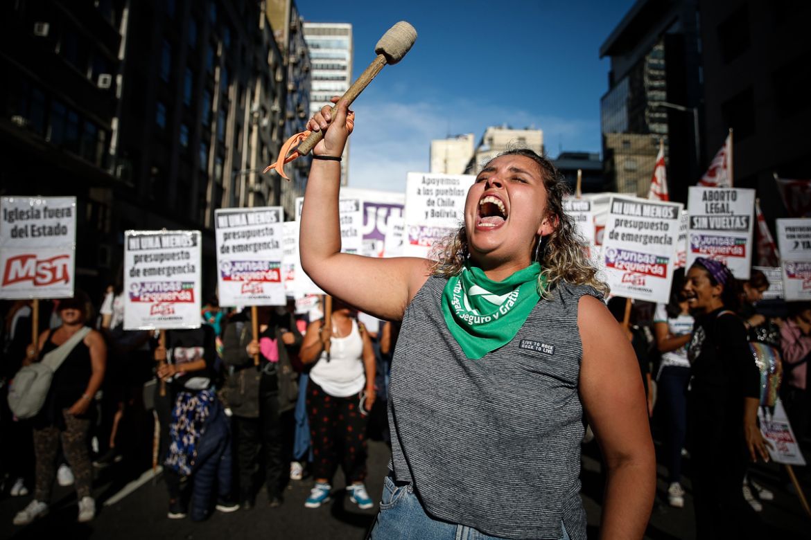 A woman shouts slogans during a march marking the International Day for the Elimination of Violence against Women in Buenos Aires, Argentina, 25 November 2019. EPA-EFE/Juan Ignacio Roncoroni