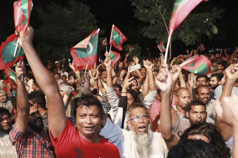 Maldivian opposition protestors shout slogans demanding the release of political prisoners during a protest in Male, Maldives, Friday, Feb. 2, 2018. Supporters of political parties that oppose the Mal
