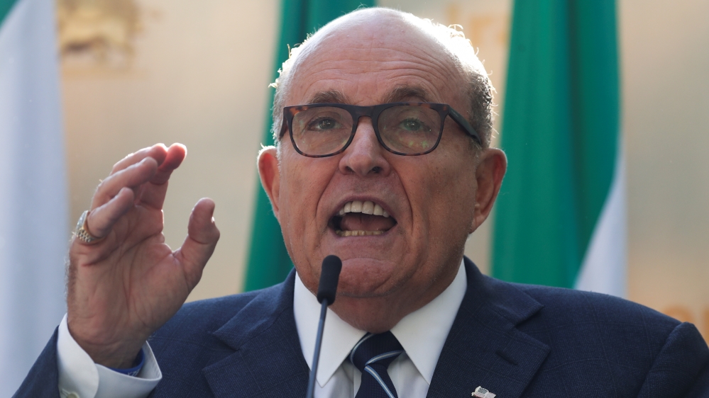 Former New York City Mayor Rudy Giuliani speaks during a rally to support a leadership  change in Iran outside the U.N. headquarters in New York City
