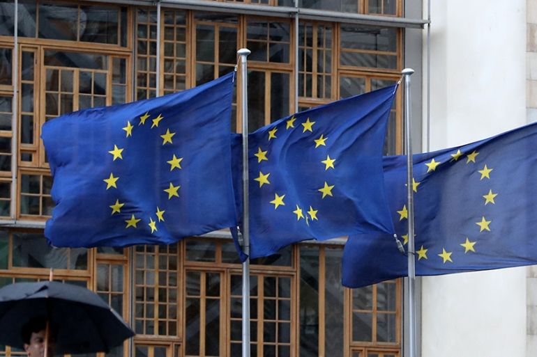EU flags flutter ahead of the arrival of Britain’s permanent Representative to the EU Tim Barrow and British PM Boris Johnson''s Europe Adviser David Frost at the Euro Commission headquarters