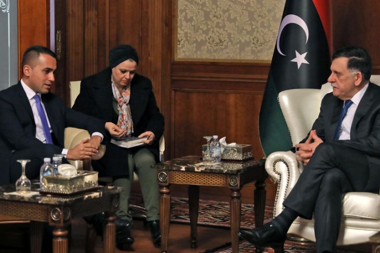 LIBYA-ITALY-DIPLOMACY Libya''s UN-recognised Prime Minister Fayez al-Sarraj (R) meets with the Italian Foreign Minister Luigi Di Maio in Libyan capital Tripoli on December 17, 2019. AFP