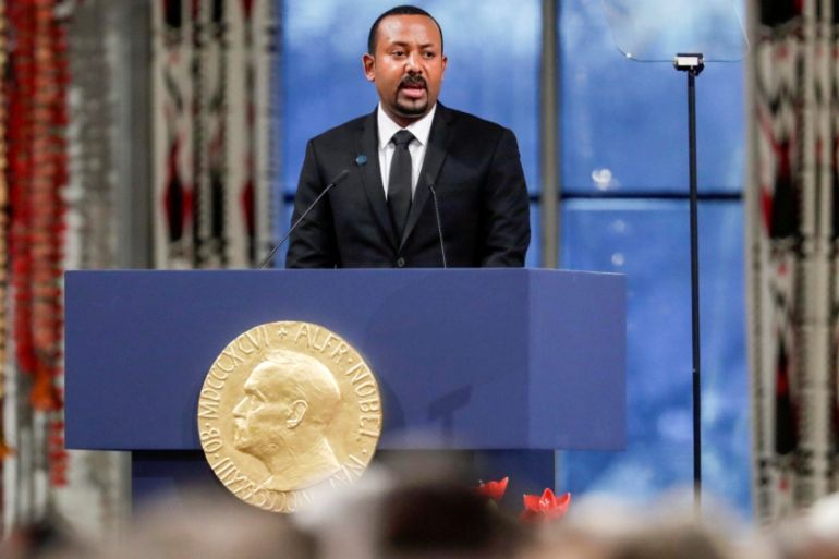 Nobel Peace Prize Laureate Ethiopian Prime Minister Abiy Ahmed Ali delivers his speach during the awarding ceremony in Oslo City Hall