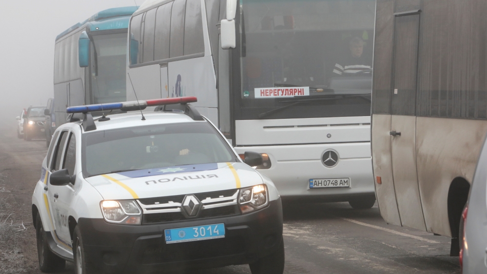 A view shows buses for pro-Russian rebels before prisoner of war exchange in Donetsk region
