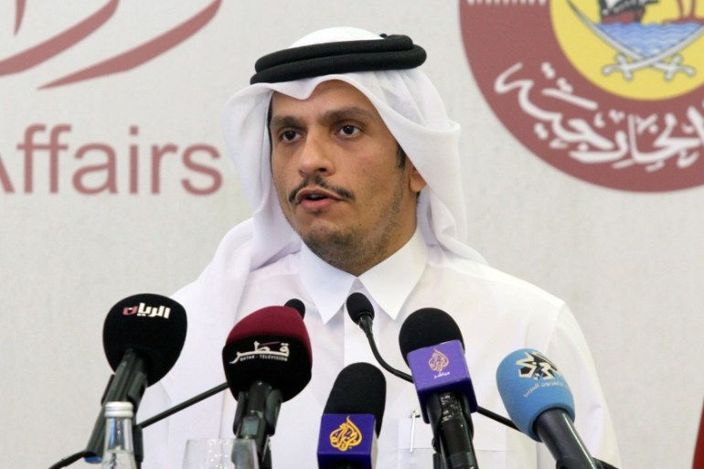 Qatari Minister of Foreign Affairs Sheikh Mohammed bin Abdulrahman Al-Thani, speaks during a news conference with French Foreign Minister Jean-Yves Le Drian in Doha