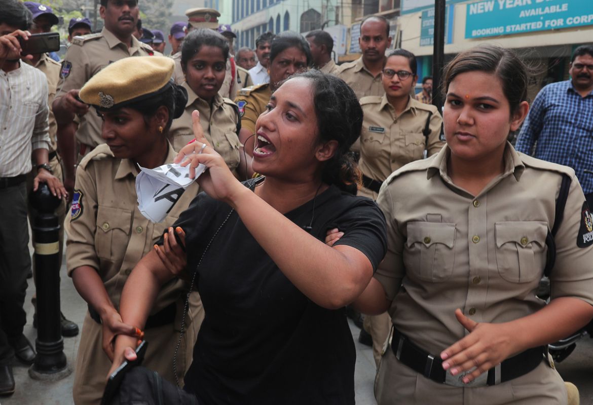 A protestor shouts slogans after being detained by police in Hyderabad, India, Thursday, Dec. 19, 2019. Police detained several hundred protestors in some of India''s biggest cities Thursday as they de