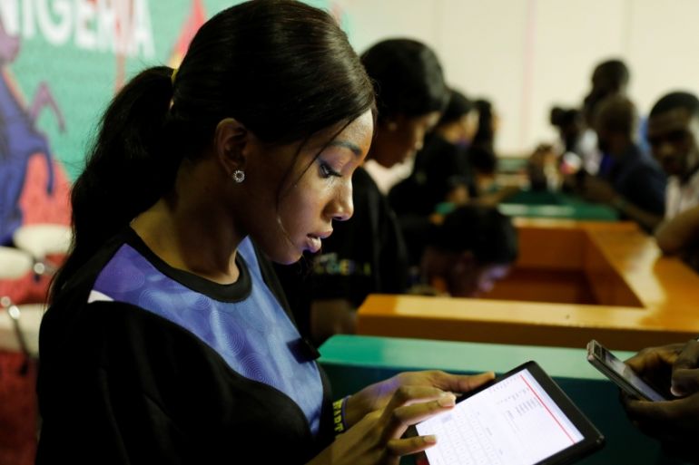 Youths are seen browsing the internet inside the venue of the launch of Google free wifi project in Lagos, Nigeria July 26, 2018