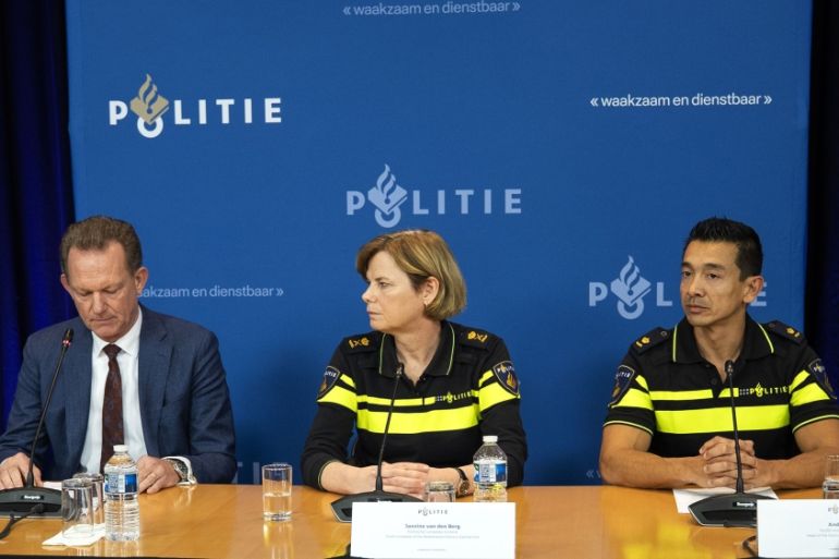From L) National Chief Officer Fred Westerbeke, Police Chief of National Unity Jannine van den Berg and Head of National Investigation Andy Kraag give a press conference on the developments surroundin