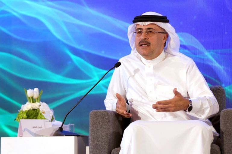 Amin Nasser, chief executive officer of Saudi Aramco, pauses during a news conference in Dhahran, Saudi Arabia, on Sunday, Nov. 3, 2019