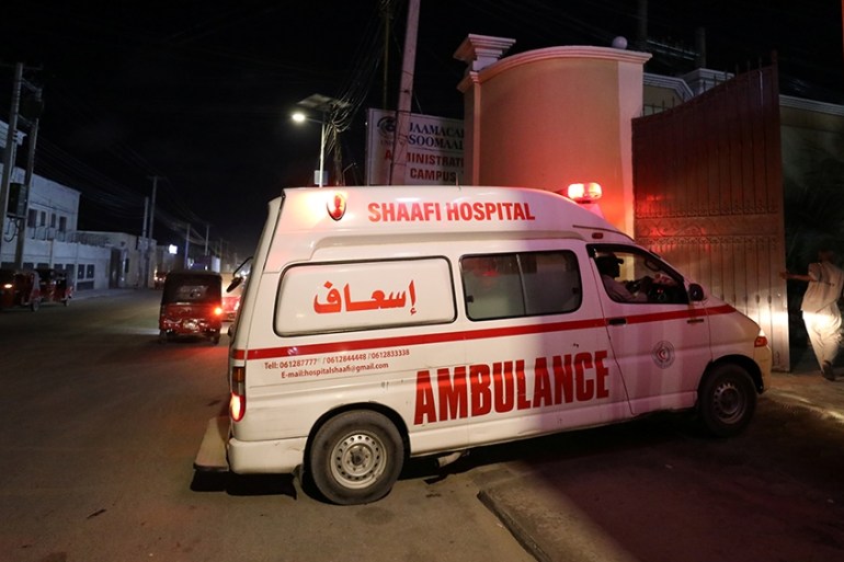 An ambulance carrying an injured person from an attack by Al Shabaab gunmen on a hotel near the presidential residence arrives to the Shaafi hospital in Mogadishu, Somalia December 10, 2019. REUTERS/F