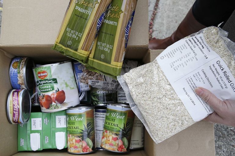 This photo taken Jan. 8, 2014 shows the contents of a specially prepared box of food at a food bank distribution in Petaluma, California