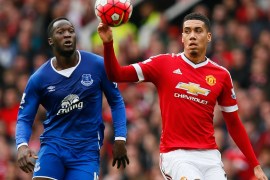 Football Soccer - Manchester United v Everton - Barclays Premier League - Old Trafford - 3/4/16 Manchester United''s Chris Smalling in action with Everton''s Romelu Lukaku Action Images via Reuters