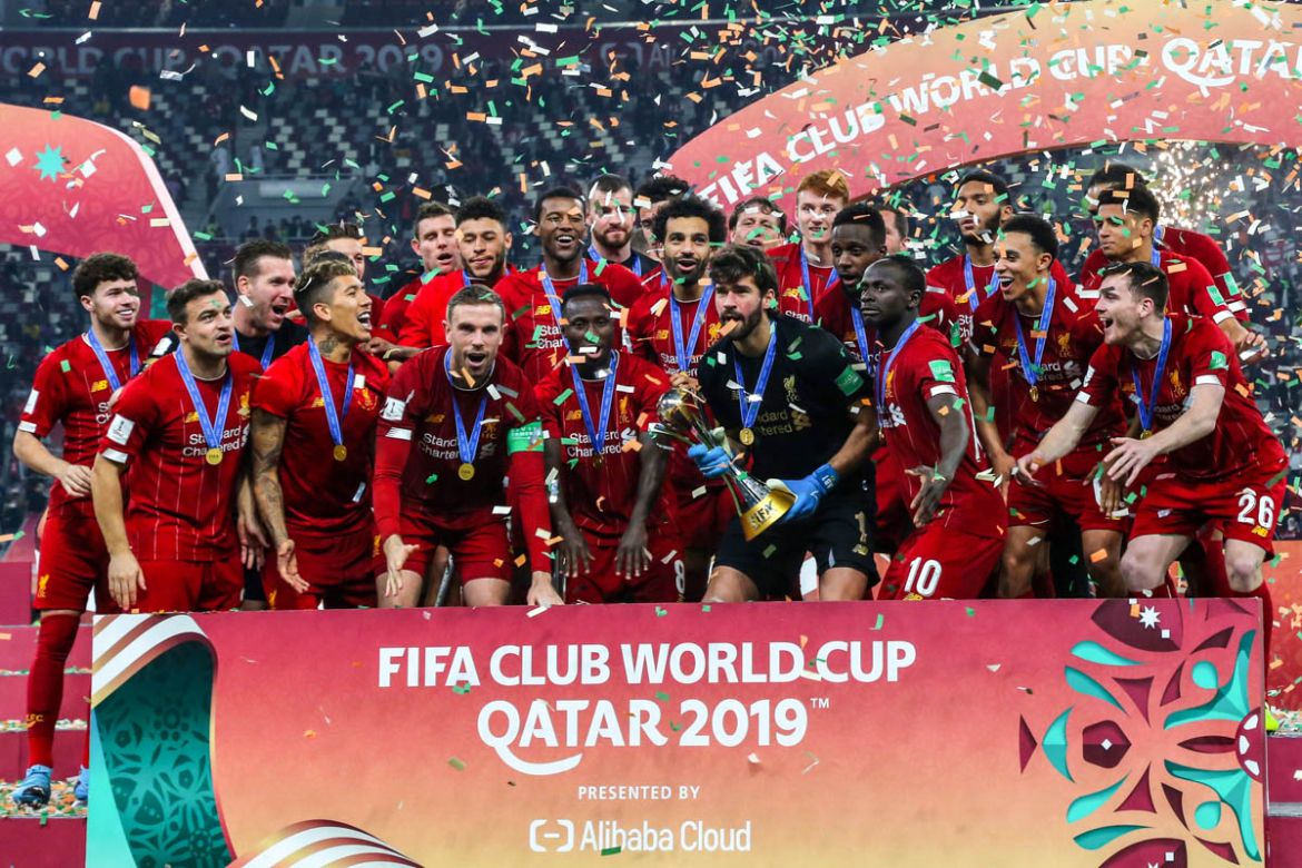 Players of Liverpool celebrate after winning the Club World Cup final football match between Liverpool and Flamengo at Khalifa International Stadium in Doha, Qatar