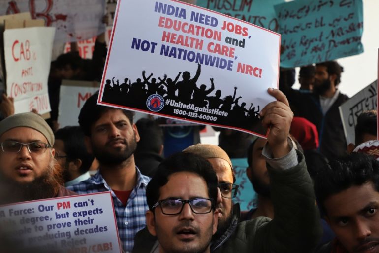 People protest against the Citizenship amendment bill and National Register of Citizens (NRC) in New Delhi, India on 07 December 2019 (Photo by Nasir Kachroo/NurPhoto via Getty Images)