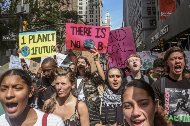 Climate change activists participate in an environmental demonstration as part of a global youth-led day of action, Friday Sept. 20, 2019, in New York. A wave of climate change protests swept across t