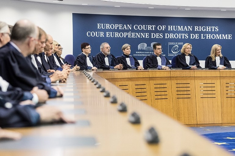 Members of the European Court of Human Rights listen at the European Court of Human Rights in Strasbourg, France, 31 October 2017. French President Macron visited the European Court of Human Rights.