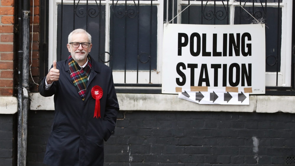 British opposition Labour Party leader Jeremy Corbyn, gestures after casting his vote in the general election, in Islington, London, England, Thursday, Dec. 12, 2019 .U.K. voters are deciding Thursday