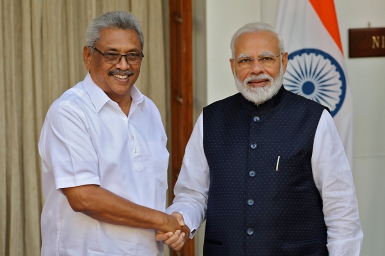 Sri Lanka''s President Gotabaya Rajapaksa and India''s Prime Minister Narendra Modi shake their hands during a photo opportunity ahead of their meeting at Hyderabad House in New Delhi, India, November 2
