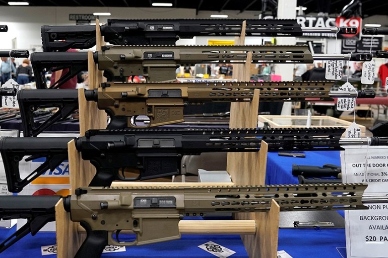 AR-15 rifles are displayed for sale at the Guntoberfest gun show in Oaks, Pennsylvania, U.S., October 6, 2017